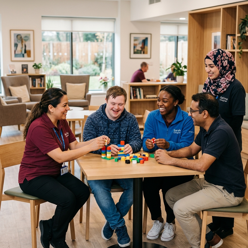 Caregivers assisting young adult